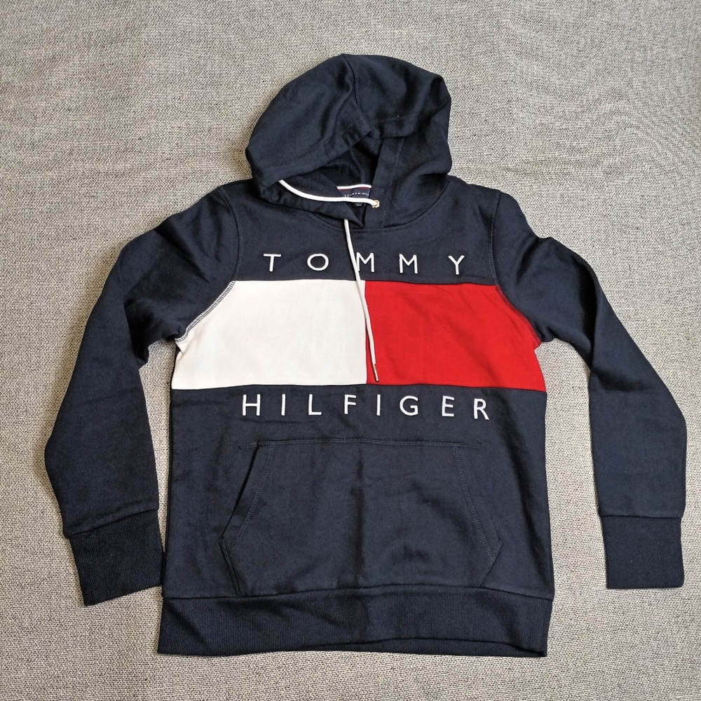 Tommy Hilfiger Hoodie Women S Navy Blue Excellent Colorblock Embroidered Logo